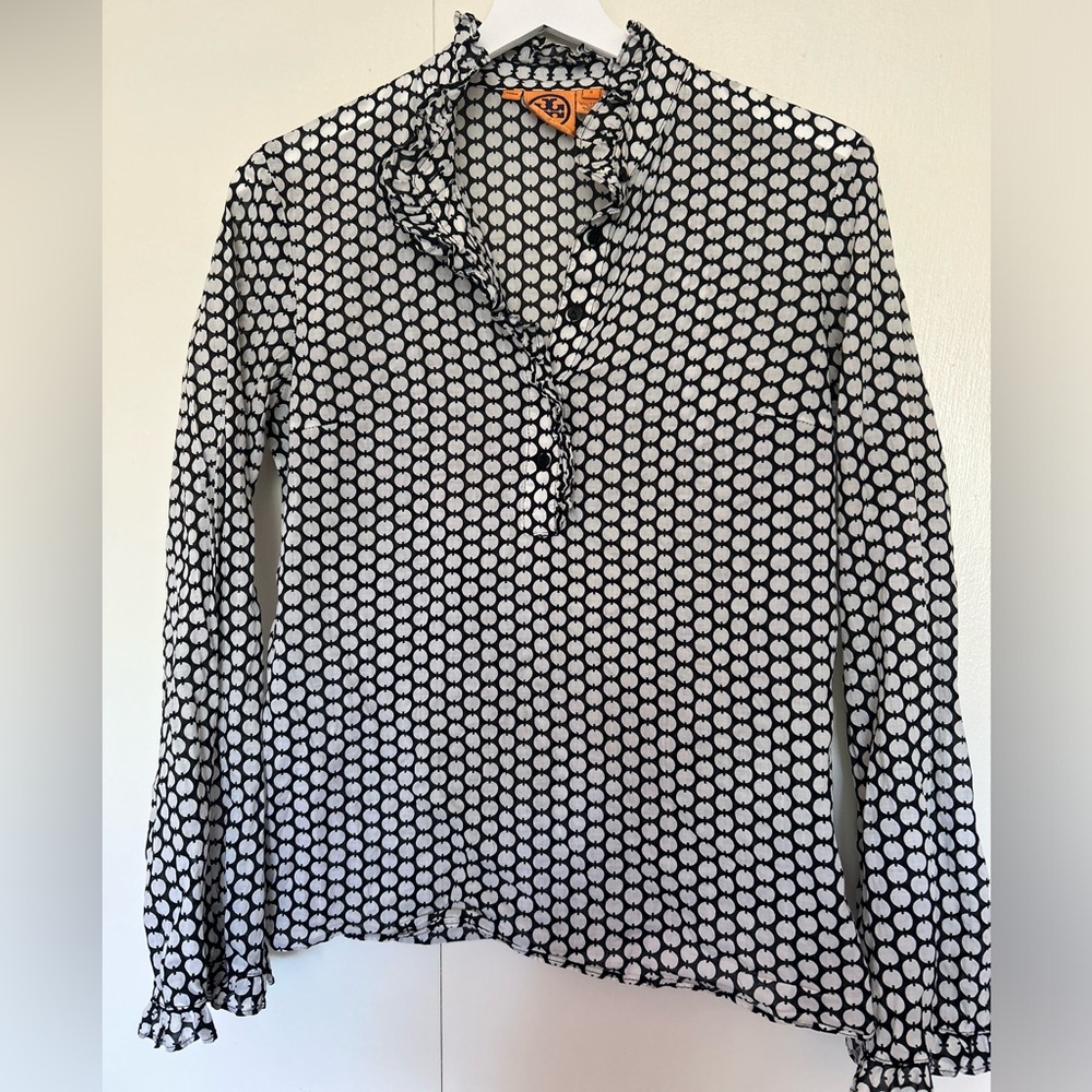 Tory Burch 100% cotton lightweight black & white polka dot blouse tunic size 8